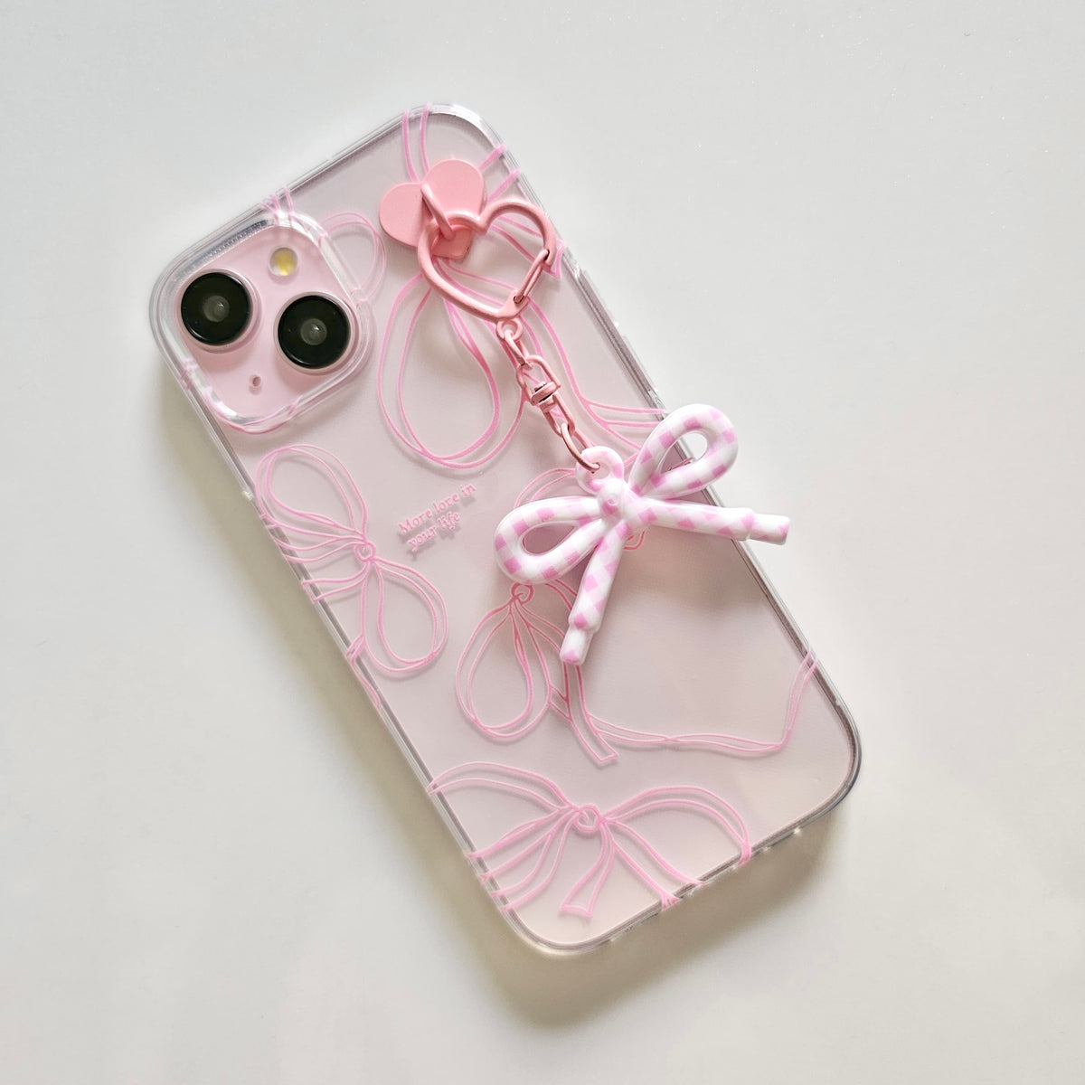 Blush Ribbon Dreams Coquette Bow Phone Charm Case with hanging bow