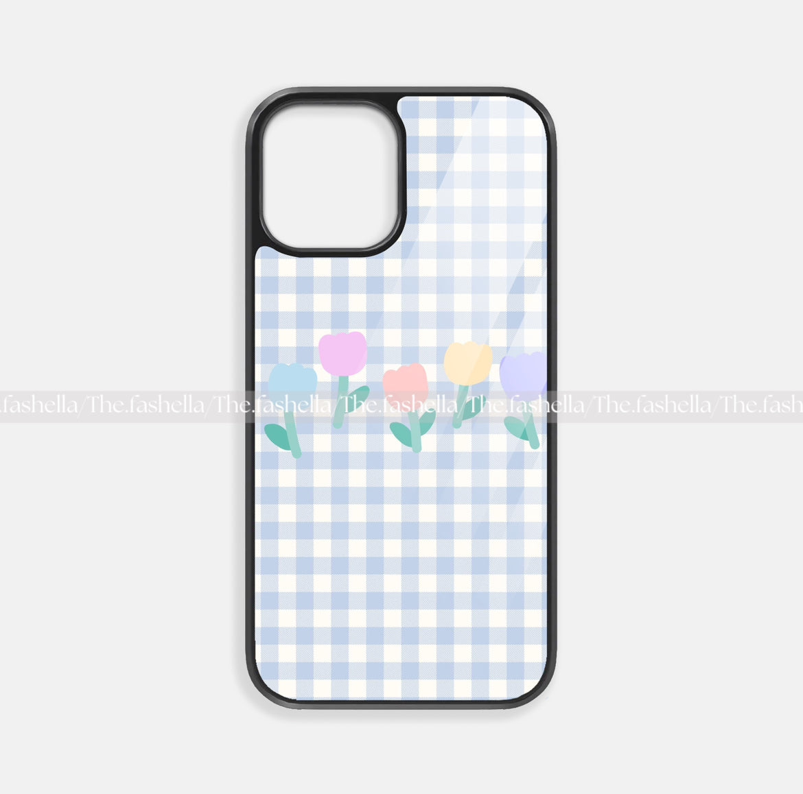 Pretty blue gingham & tulipspremium glossy phone case