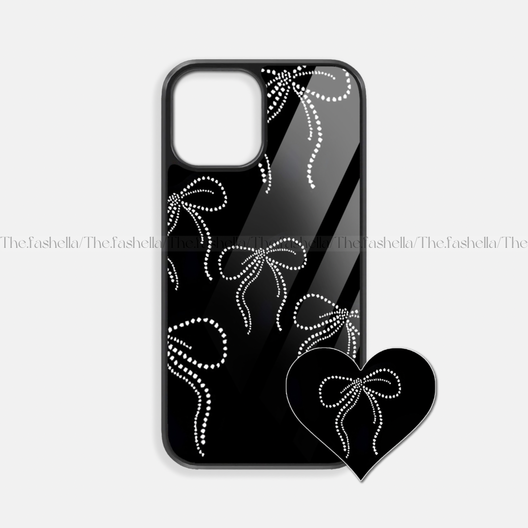 Pretty black heart & Bow premium glossy phone case with holder