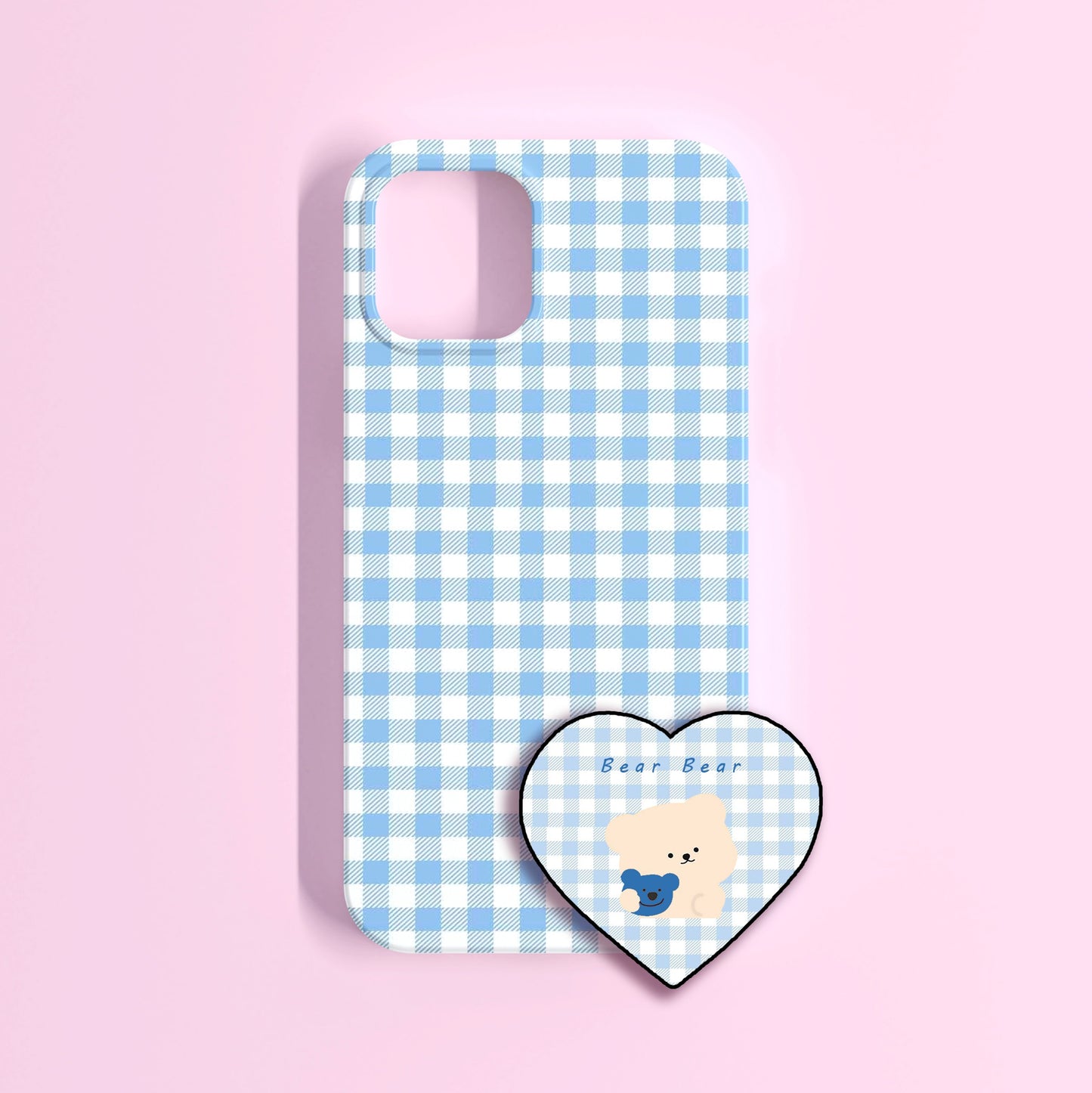 Aesthetic blue gingham case with cute teddy phone holder