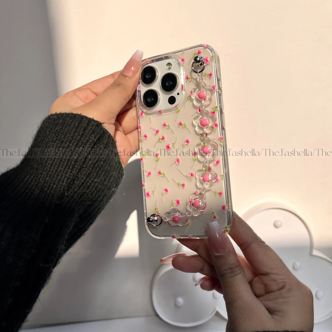 Aesthetic Pink Floral Chain Phone Case - Main Image