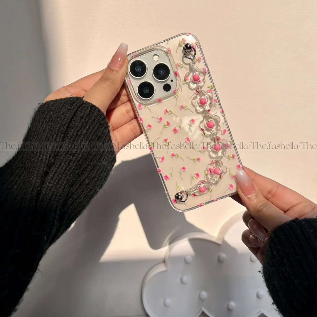 Aesthetic Pink Floral Chain Phone Case