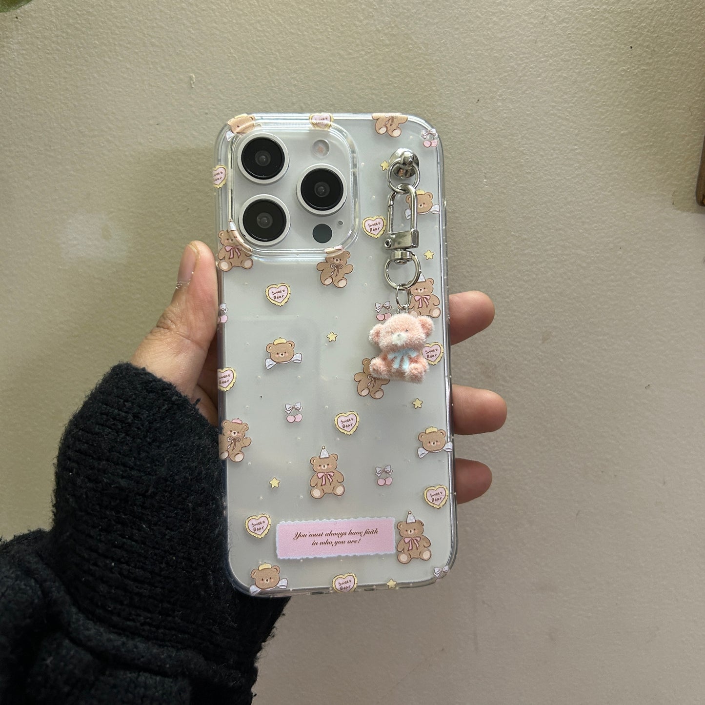 Cute Teddy Bear Phone Case with Plush Hanging Charm