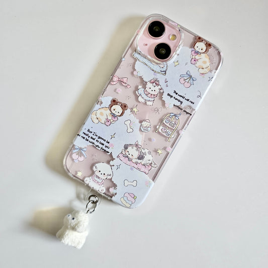 Aesthetic Puppy Phone Case with Plush Hanging Charm