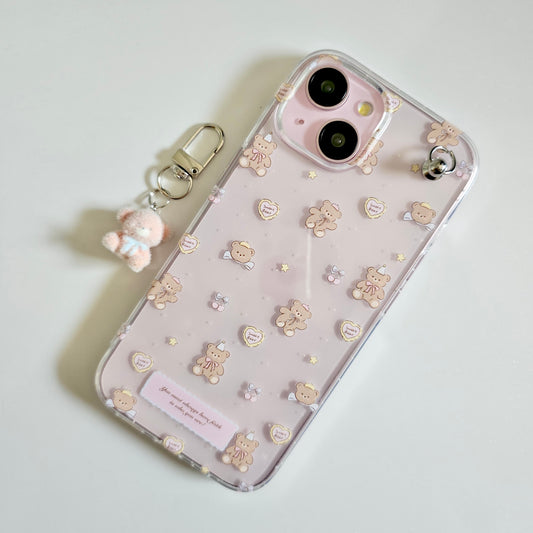 Cute Teddy Bear Phone Case with Plush Hanging Charm