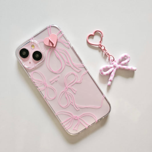 Blush Ribbon Dreams Coquette Bow Phone Charm Case with hanging bow