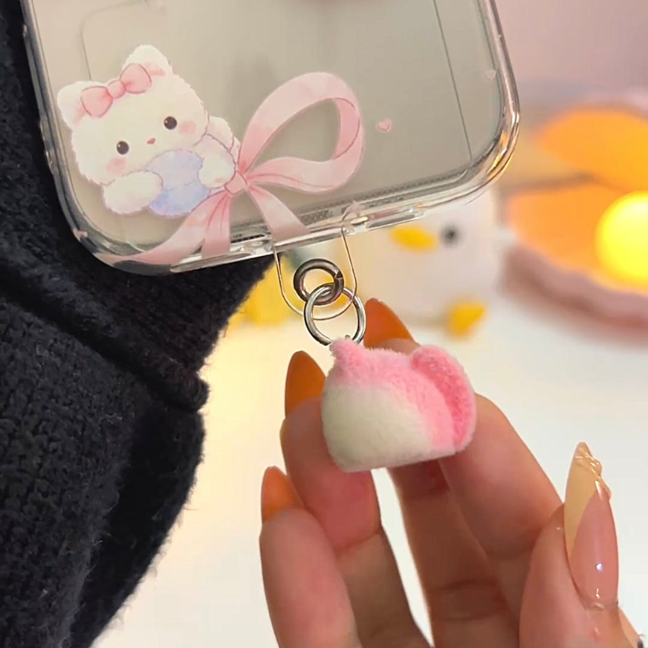 Cute Pink Furr Hanging Phone Charm With Transparent holder