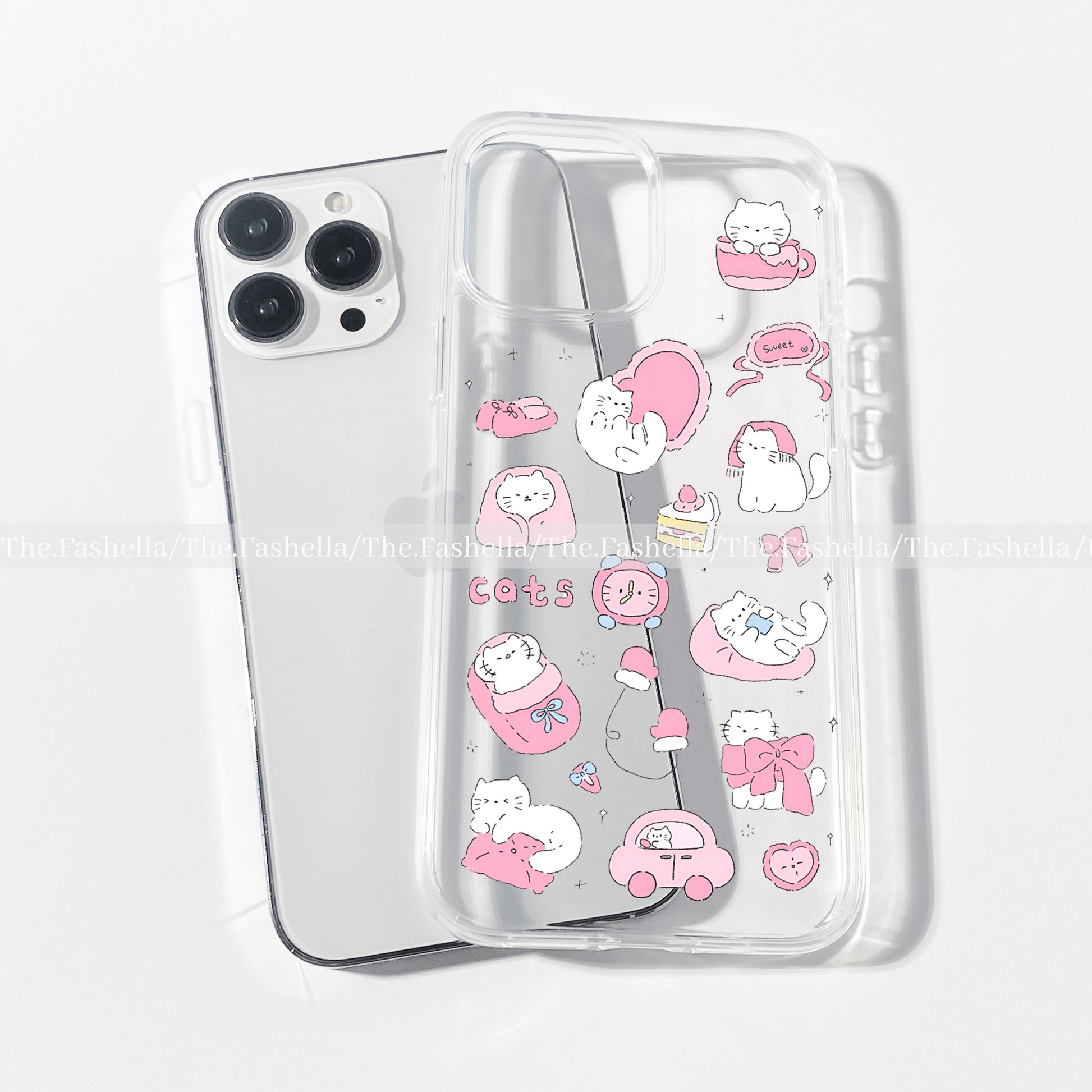 Aesthetic pink cat doddles clear phone case - Main Image