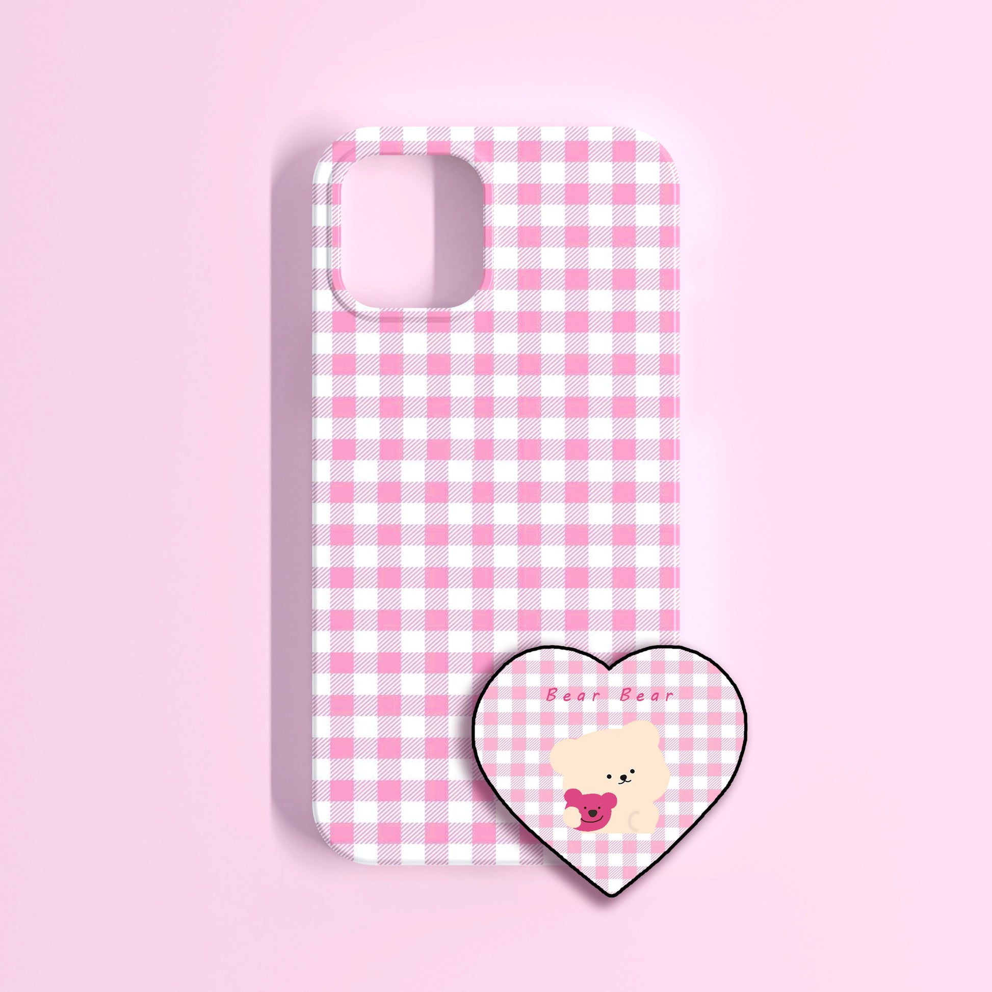 Pretty pink gingham case with teddy bear holder THE FASHELLA Pretty pink gingham case with teddy bear holder THE FASHELLA