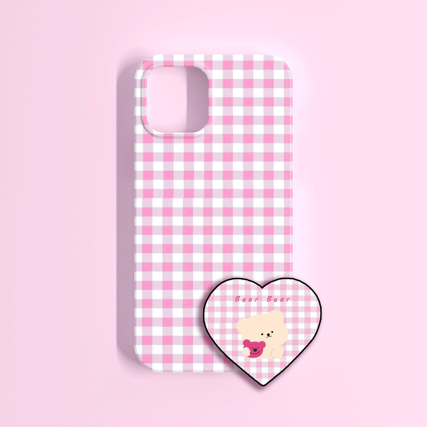 Pretty pink gingham case with teddy bear holder