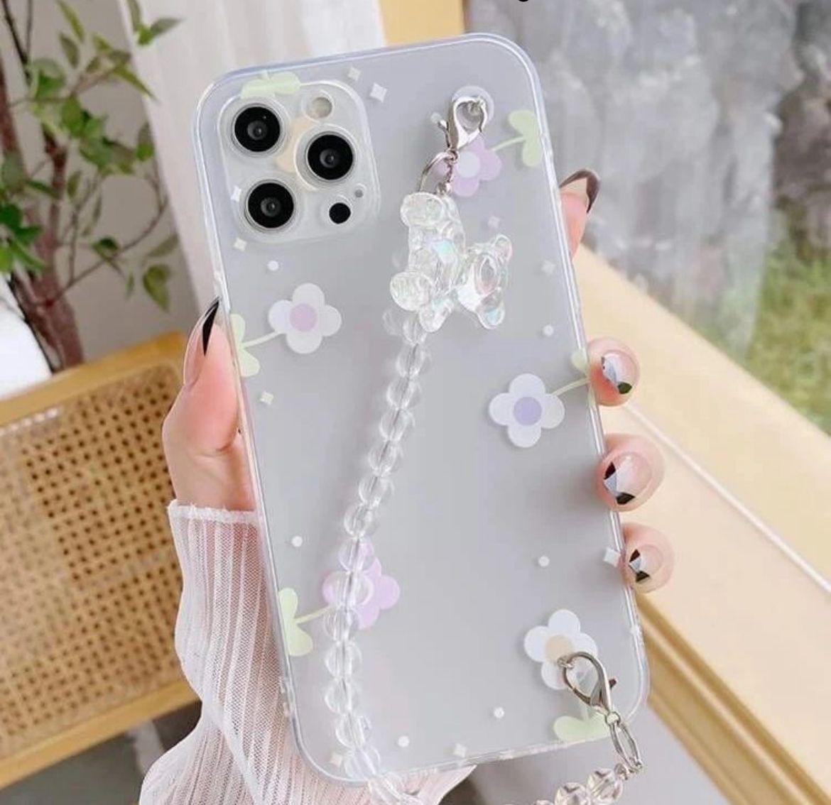 aesthetic flower teddy chain case